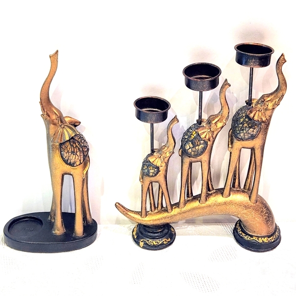 2 piece gold Tone Elephant statue/Figurines, tea light holders - Picture 1 of 7